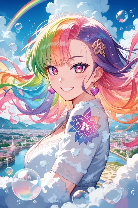 (  artwork ,  the best quality, watercolor ( Half),  official art,   beautiful and aesthetic :1.2), (  a girl:1.3), ( fractal art:1.3), Tomorrow, Good Tomorrow,  Smile,   sunny day, happy,  see viewers , Pattern, be, ( rainbow hair , colorful Hair:1.2), NU...