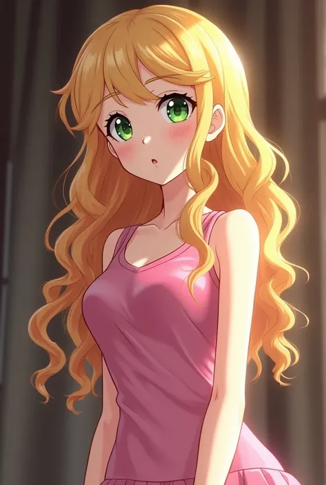 ((Full 4k anime style)) in a mansion,  clear lighting ,  girl with curly blond hair up to the waist,  green eyes,  Slim body, defined waist,  Pink sleeveless blouse with hem over , mirando a la izquierda, cocky facial expression ,  blushed cheeks,  bare fa...