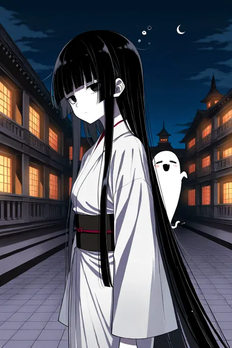  Masterpiece,  top quality, amazing quality,  Hi-Res,Old mansion、Female ghost, black hair、absurdly long hair、hime cut、 straight hair、 white yukata、 white skin,sleepy、 staring at me、,Old mansion、night