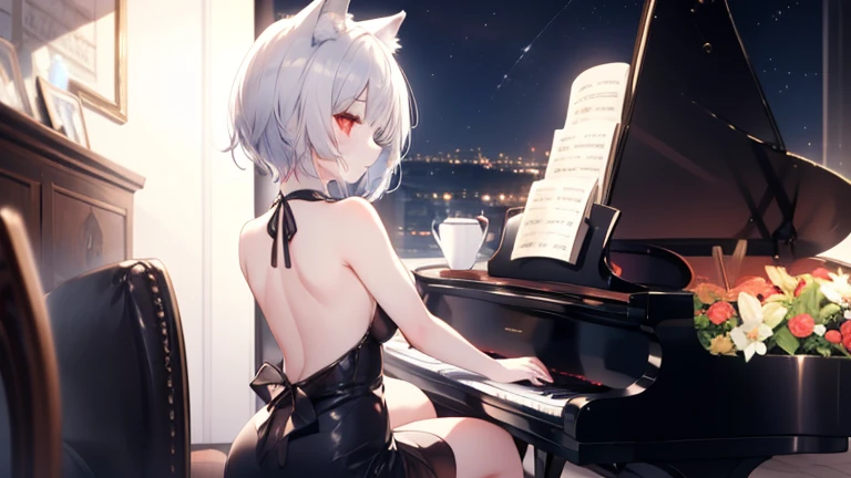 solo。 wolf girl。 Silver Hair。 red eyes。 medium short 。black dress with a wide open back。 plays the piano。Cafe。night