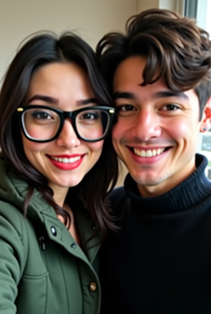  Create Pixar image young couple Woman with large glasses,  long dark hair , green quilted jacket ,  contoured lips and soft look .  Man with short, dark hair ,  black sweater,  nose ring and wide smile .  Both together in a selfie , with a blurred backgro...