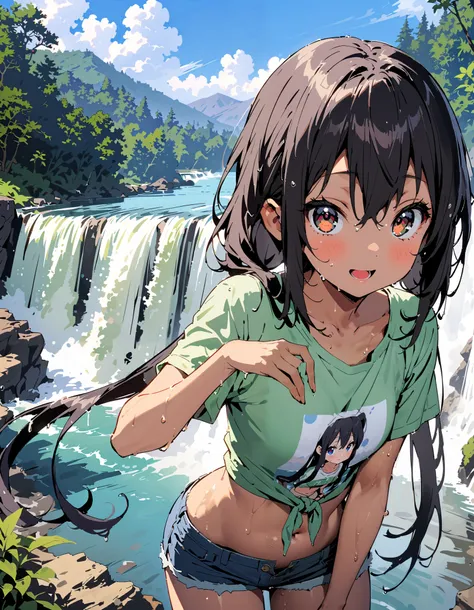  Azusa Nakano,   black hair,  brown eyes, Alone, long hair,smile,blush, open your mouth,  low twin tail, tan, brown skin,green t-shirt ,The hem of the t-shirt is tied, belly button out,river遊び, playing in the water, denim micro shorts ,Wet clothes, wet hai...