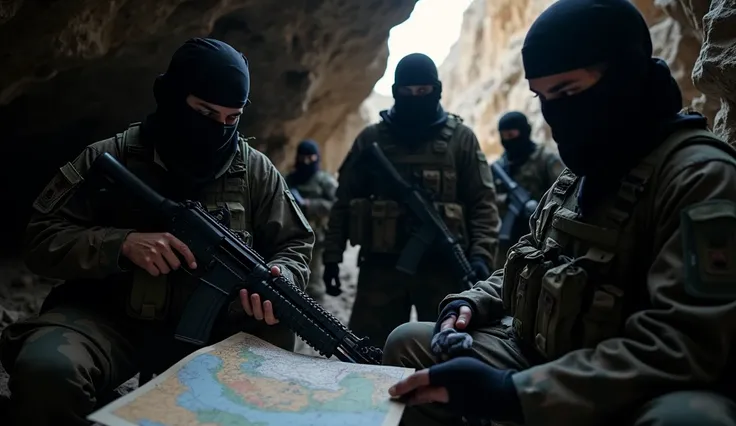 "A group of armed ISIS militants dressed in black and camouflage, hiding in dark mountainous caves. Their faces are obscured by masks, and they are seen planning attacks using maps and weapons. The setting is rugged and shadowy, emphasizing secrecy and dan...