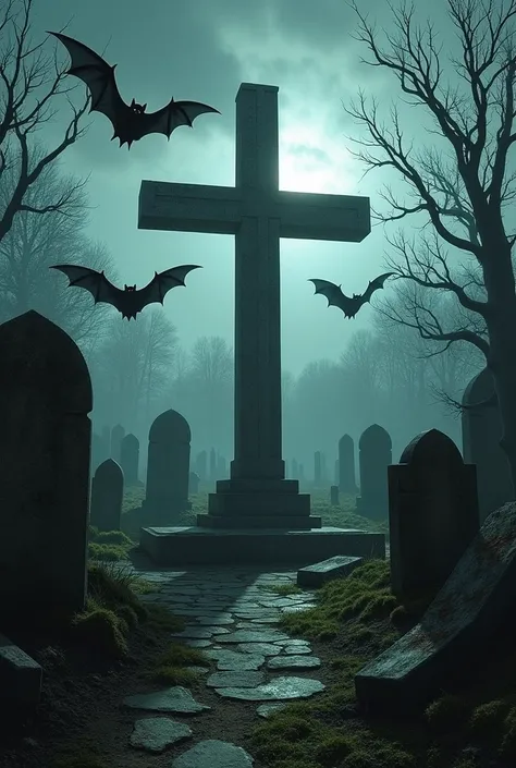 Cross in a graveyard with three bats flying around on the left side