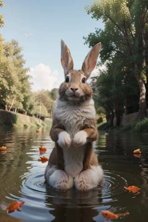 Make a 3D video of a rabbit with an octopus playing in a river full of goldfish