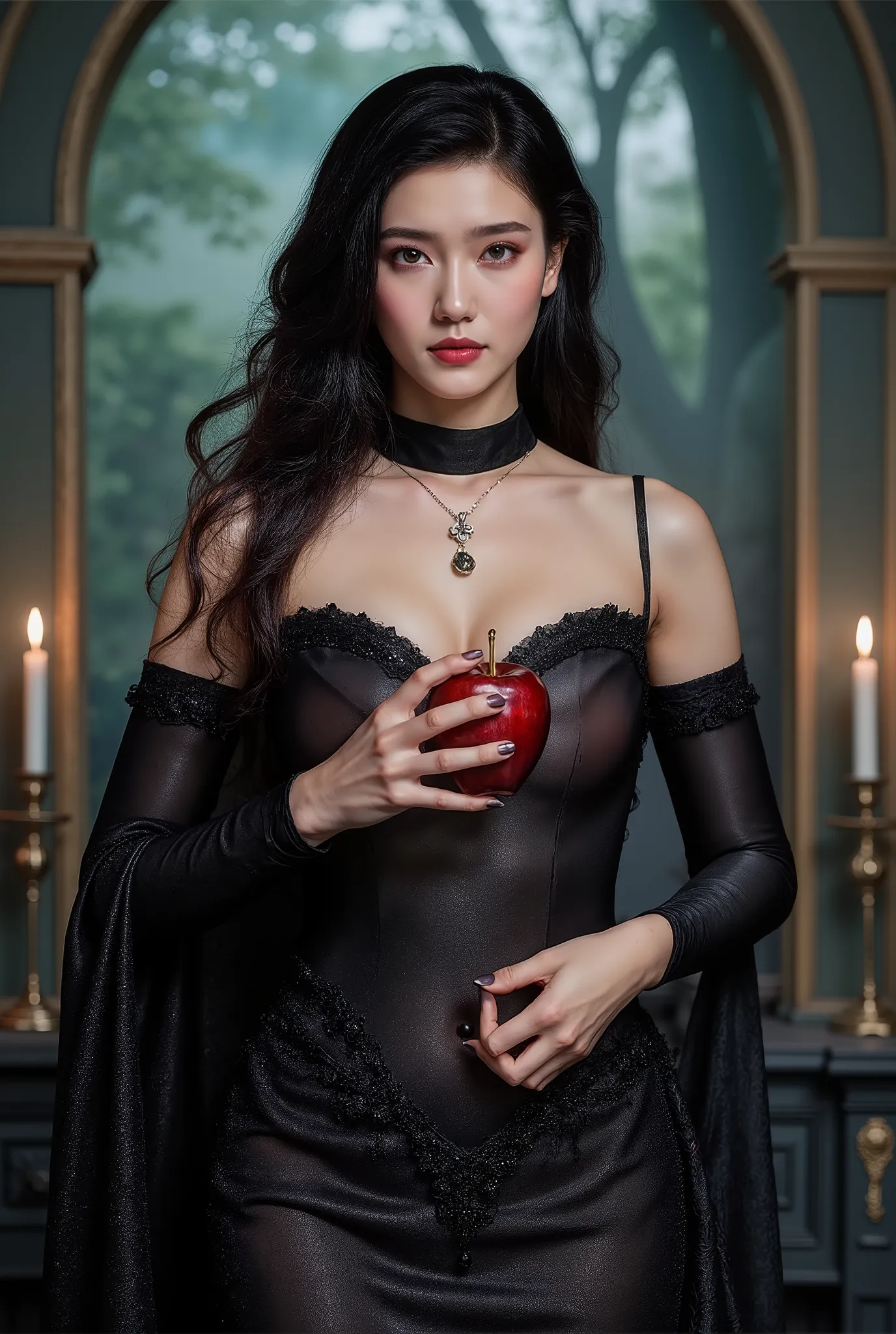  girl, Black Long Hair ，The Black Queen ，Accessories， apple in her hand，Poison Apple，Witch Queen， Red Lipstick 