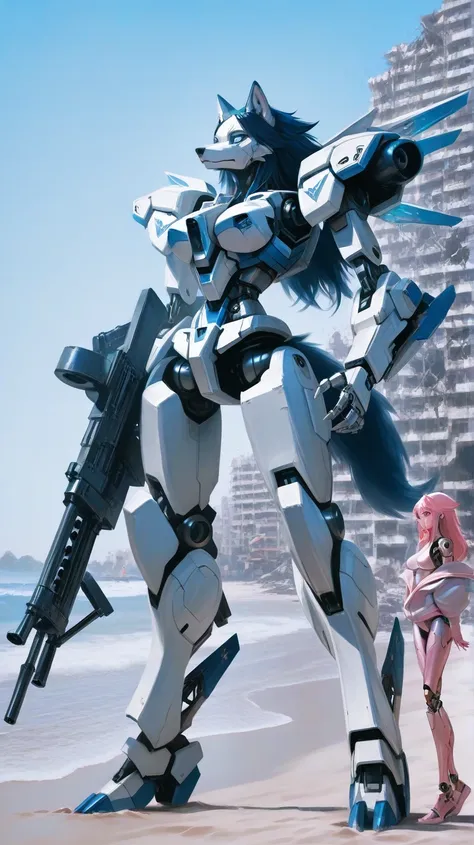 One female furry in a gaint mecha, blue eyes、pink eyes, dark blue hair, pink hair, snout, ears, wolfy furry fox (light color:1.4)GBF_style、748cmstyle、32K、 is present、Artistic、 professional lighting、 super detailed, machine gun in arms, robotic wings、beach,...