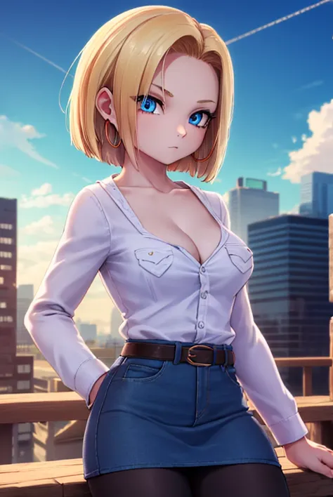 android18, android 18, blonde hair, blue eyes, eyelashes, hoop earrings, short hair, earrings,
BREAK belt, brow pantyhose, black shirt, breast pocket, cleavage, collarbone, denim, denim skirt, high-waist skirt, jewelry, long sleeves, pocket, shirt, crop sh...