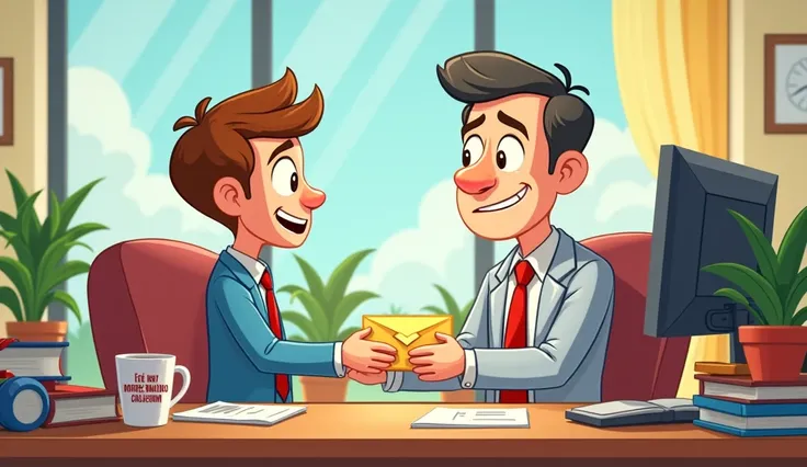 A cartoon-style office scene where Alex’s boss finally looks impressed and hands him an envelope, symbolizing a promotion. Alex smiles in disbelief.
