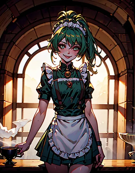 ((masterpiece,best quality)), absurdres, (maid outfit:1, maid headdress, skirt, white apron), 
Misty_Pokemon, side ponytail,   
solo, smiling, blushing, looking at viewer, cowboy shot, 
cinematic composition, contrapposto, 
café, cup of coffee,