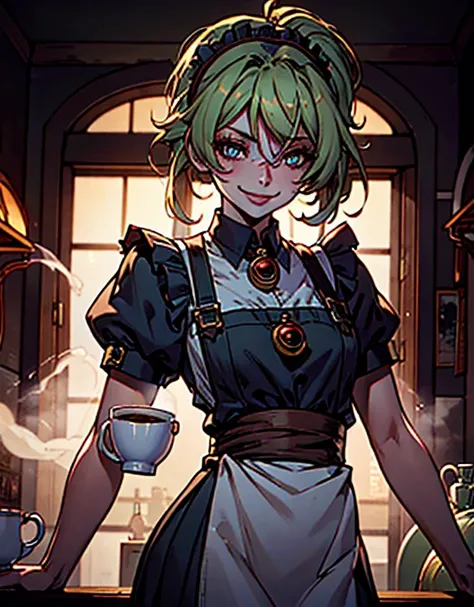 ((masterpiece,best quality)), absurdres, (maid outfit:1, maid headdress, skirt, white apron), 
Misty_Pokemon, side ponytail,   
solo, smiling, blushing, looking at viewer, cowboy shot, 
cinematic composition, contrapposto, 
café, cup of coffee,