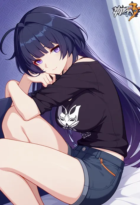 masterpiece,best quality,official art,wallpaper,absurdres, beautiful detailed face,detailed texture,detailed skin,detailed BREAK 1girl,Honkai Impact 3rd,source_Honkai Impact 3rd,raiden mei,shirt,shorts,room
