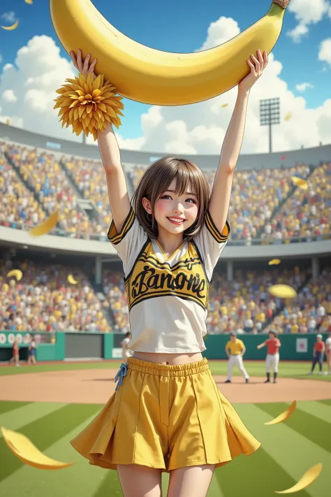 photorealism,1girl\(smily,Looking banana,full body,cheerleaders outfit,(Baseball glove on left hand, hands up,arms raised in air),stunding\), fly 1banana in the sky high position,stadium ground,wide shot and Aerial Shot near by banana,masterpiece, best qua...