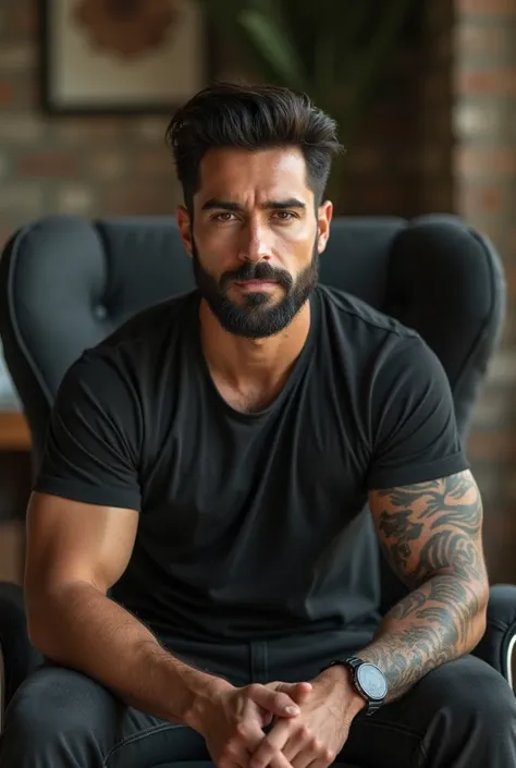 ultra wide angle shot from distance, man, handsome, muscular physique, 30 year, quaff hairstyle black hair with brown shades, with trimmed sides, brown eyes, short trimmed beard, athletic body, Flip Chair Putting’ a spin on good old sitting, wearing stylis...