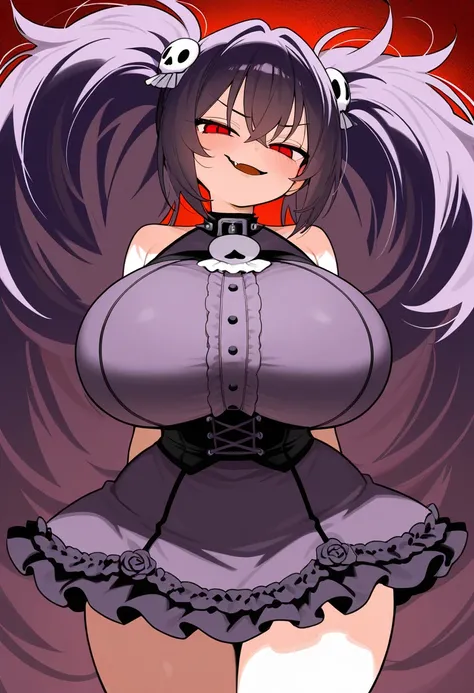 Cute girl, Petite body, loli, huge breasts, evil smile, smug face, fang, wide hips, cute dress, evil laugh, princess girl, brat, goth dress, cute, 1girl, Solo, High Resolution, Big Hair, 