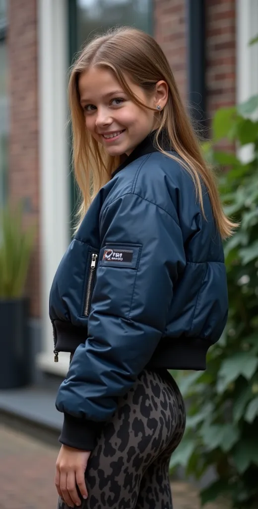 Backside diagonally photo from side of a sweaty hot wet cute beautiful darkblonde dutch spanish italia young posing age femboy wearing greyblue shiny puffy cropped short bomber jacket, very short shiny greyblack blue Big luxurious alpha-industries-ma-1 bra...