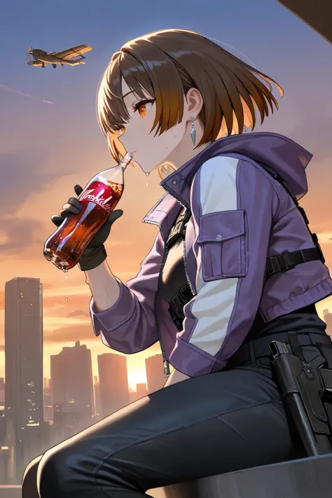   fair skin ,  brown hair, Open fringe ,  arched fringe tips ,Short hair, arched hair tips, Pretty hair, amber eyes, expresion cansada, sweating,  BODY IN SHAPE, senos meisnos, purple motorized jacket,  white flannel,  black jeans, is . adult, A girl,  ult...