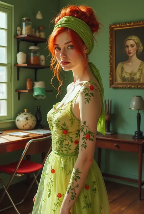 Image is a highly detailed, surrealistic painting featuring a woman looking at the camera, with fair skin and vibrant red hair, styled in an intricate updo with a lime green headscarf. She is wearing a form-fitting, translucent transparent nature-themed dr...