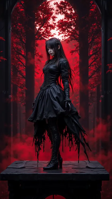  A charming scene ， shows a perfect looking 23-year-old girl ， in expressive and Gothic style likeness Fine art showing 。 She stands on a black table with forest 、Witch's Boiler 、 red mist and moonlight shining through the trees in front of a dark backgrou...