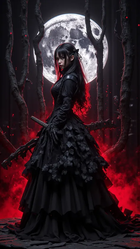  A charming scene ， shows a perfect looking 23-year-old girl ， in expressive and Gothic style likeness Fine art showing 。 She stands on a black table with forest 、Witch's Boiler 、 red mist and moonlight shining through the trees in front of a dark backgrou...