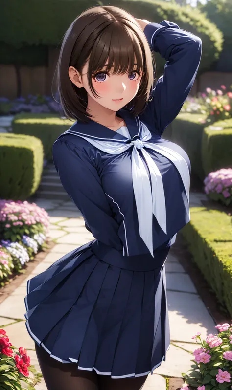  Masterpiece,  top quality,  Hi-Res, Anene,  short hair,  blue uniform,  blue shirt,  Long Sleeve,  blue sailor color,  white neckerchief ,  pleated skirt,   blue skirt,((black pantyhose)),,(Forward facing body:1.2)、  short cut hair ,( big breasts),(((arms...