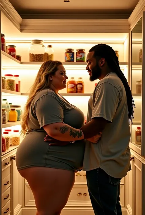 inside of a luxury mansion gold and white kitchen pantry at night with white neon lights with a pretty plus size ssbbw thick enormous hugebooty  lightskin female ssbvw thick plussized female fullbodyview with dimples with lipgloss colorful tattoos with bro...