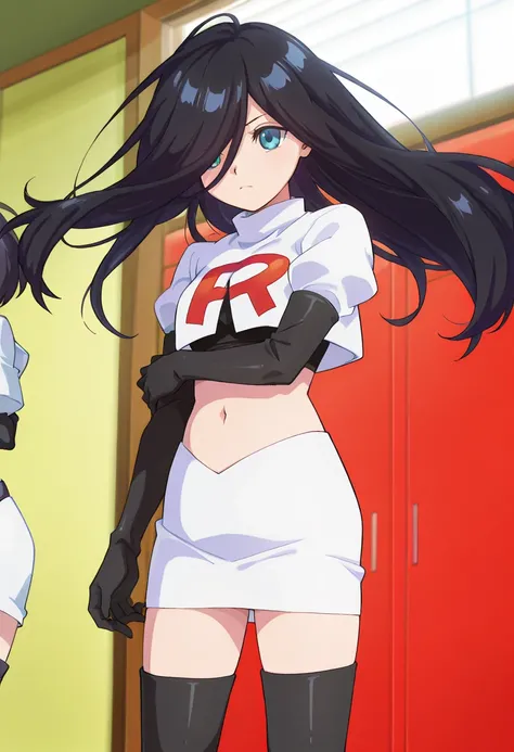 best quality, masterpiece
BREAK
1girl, natsukohirose, black hair, long hair, blue eyes,
team rocket,team rocket uniform,white skirt,red letter R,crop top,black thigh-highs,black elbow gloves, cowboy shot,
indoors