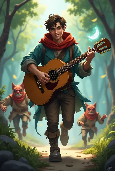 Male bard by gaming specialization from MMO games plays a small magical harp. eyes are clearly visible. two evil small toothy mobs are from an MMO game runs after him