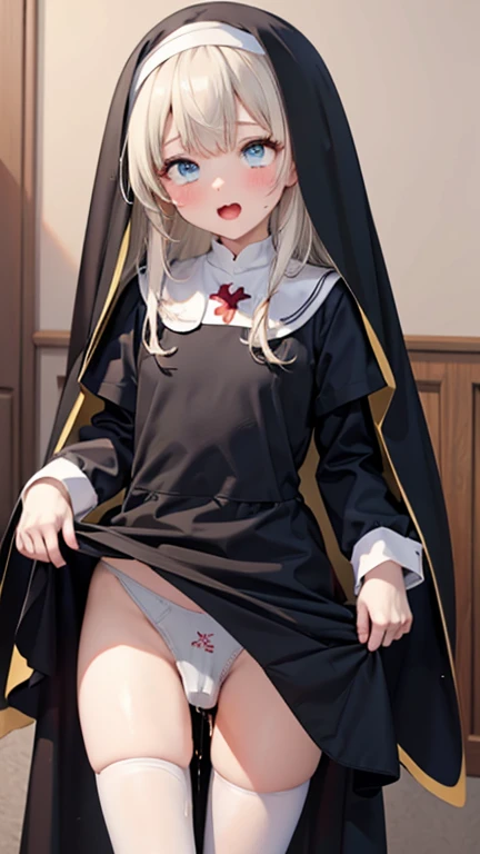 Masterpiece, best quality, 16k, anime source, 1girl, brond hair, long hair, blue eyes, (nun, habit:1.2), (white capelet, neck ribbon), (black dress:1.2), long sleeves, white gloves, full-length zipper, thigh-high stockings, (dildo under panties), (skirt li...