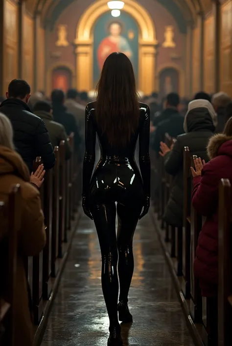 in the Orthodox temple, in the church, many people kneel and pray, bowed heads, cold, people in warm jackets, brunette woman in shiny black latex catsuit, wetlook catsuit, lush ass