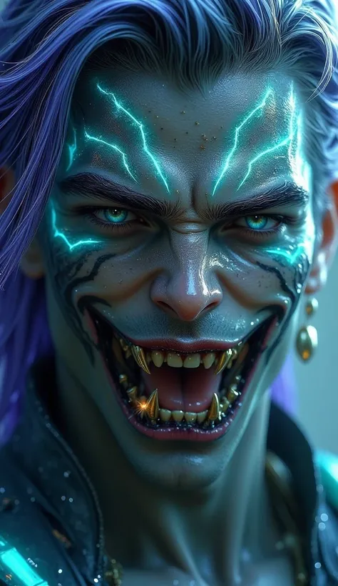 The close-up focuses on the manic face of a warrior with ashen gray skin and luminous blue tribal tattoos that pulse like neon circuits. His wild, shoulder-length hair, streaked with electric purple, flies in every direction, framing his angular jaw and wi...