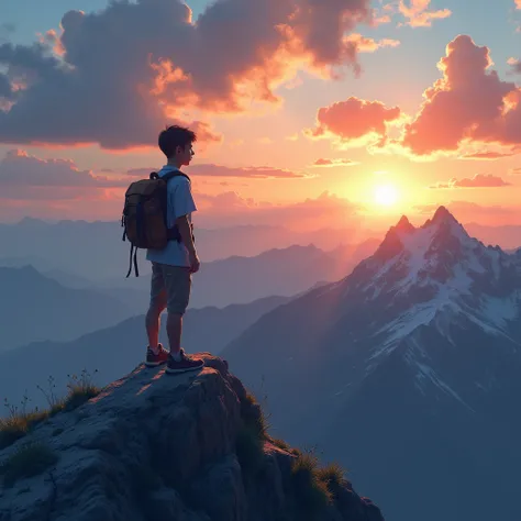 One high school boy　Watch the sun rise at the top of a mountain