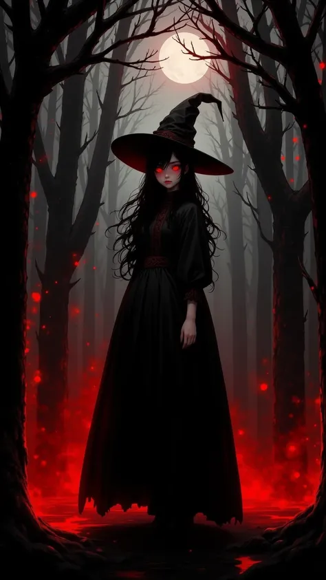  A charming scene ， shows a perfect looking 23-year-old girl ， in expressive and Gothic style likeness Fine art showing 。 She stands on a black table with forest 、Witch's Boiler 、 red mist and moonlight shining through the trees in front of a dark backgrou...