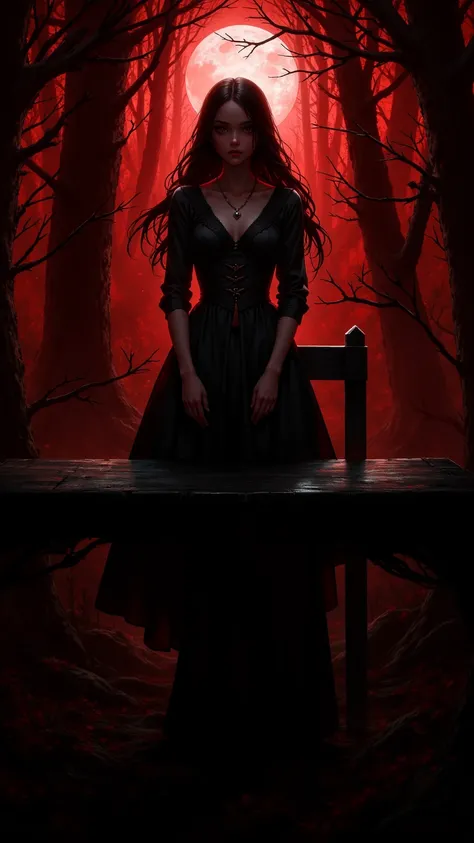  A charming scene ， shows a perfect looking 23-year-old girl ， in expressive and Gothic style likeness Fine art showing 。 She stands on a black table with forest 、Witch's Boiler 、 red mist and moonlight shining through the trees in front of a dark backgrou...