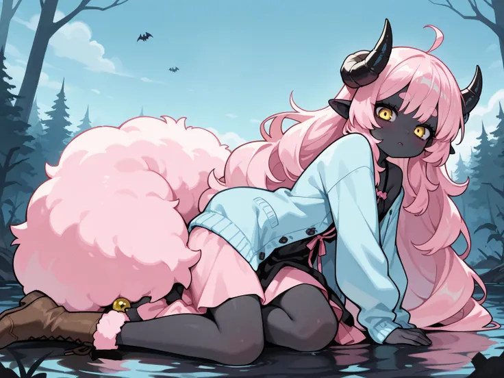 (masterpiece, best quality, amazing quality, very aesthetic, absurdres, newest, good anatomy), 2girl, (1girl, Pink fluffy long hair, ram horns, thick eyebrows: 1.1, black dress, barefoot) BREAK (devil girl\hzkawaii, kawaii, yellow eyes, demon horns, black ...