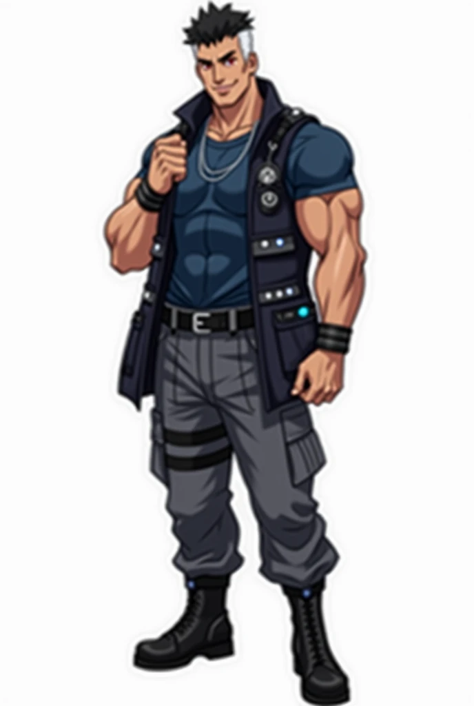 generates in a simple anime style a 28-year-old man, tanned, tall, muscular and marked, has short, black, curly hair with a shaved nape and a tuft of white hair. His eyes are a dull red, he has a very faint smile, he wears a dark blue t-shirt with black le...