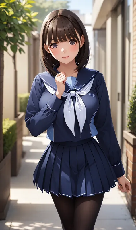  Masterpiece,  top quality,  Hi-Res, Anene,  short hair,  blue uniform,  blue shirt,  Long Sleeve,  blue sailor color,  white neckerchief ,  pleated skirt,   blue skirt,((black pantyhose)),,(Forward facing body:1.2)、  short cut hair ,( big breasts),( behin...