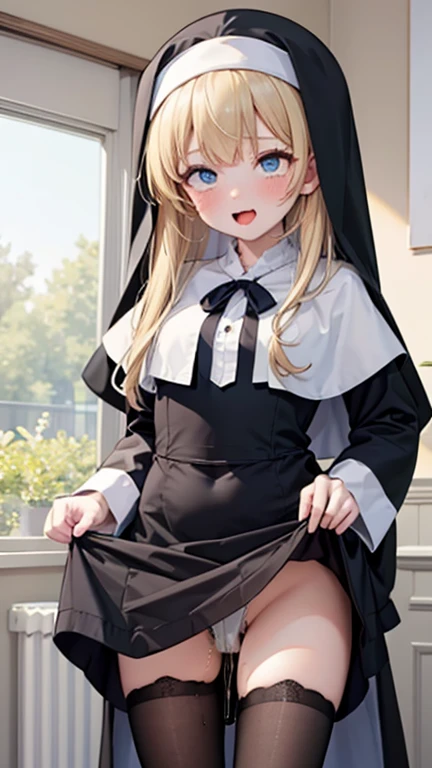 Masterpiece, best quality, 16k, anime source, 1girl, brond hair, long hair, blue eyes, (nun, habit:1.2), (white capelet, neck ribbon), (black dress:1.2), long sleeves, white gloves, full-length zipper, black pantyhose, (dildo under clothes), (skirt lift:1....