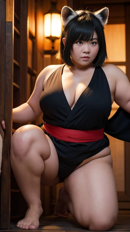 a chubby , chubby middle aged female NINJA, chubby body with raccoon  ears and tail，chest opened Japanese KIMONO , Japanese red FUNDOSHI，thick arms and thighs, Barefoot，short hair，running In the Treasure vault where the enemy is ，heavily swearty skin, deta...