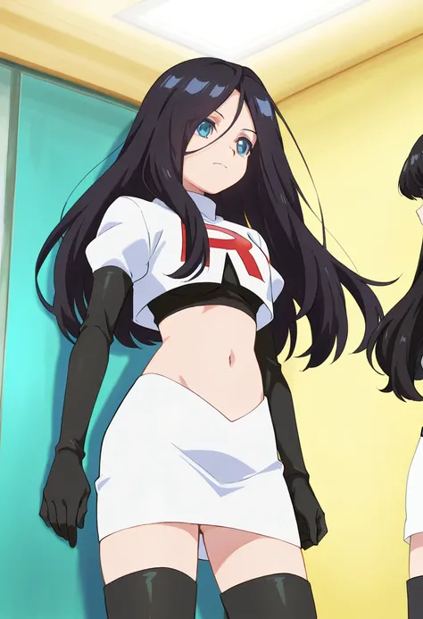 best quality, masterpiece
BREAK
1girl, natsukohirose, black hair, long hair, blue eyes,
team rocket,team rocket uniform,white skirt,red letter R,crop top,black thigh-highs,black elbow gloves, cowboy shot,
indoors