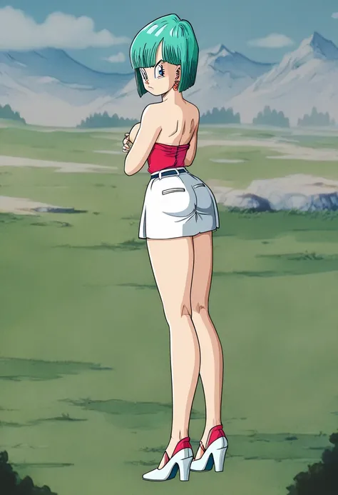 Bulma,  short ass hair, aquamarine hair, bob cut style .,  water colored hair ,  Bangs ,  ojos azules, attire, From Saga de los Androides ,  strapless red shirt , Pink pleated skirt,  bare shoulder backpack, cowboy grip ,  looking sideways , serious guy.  ...