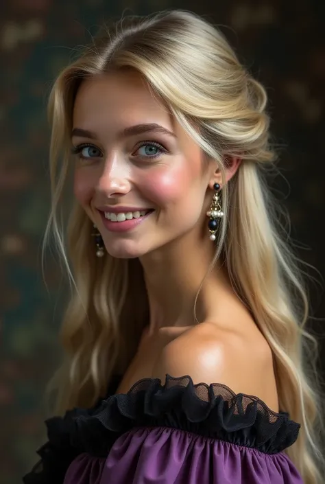 An ethereal portrait of younger delicate Pamela, who has blue eyes, tanned skin, and long blonde hair. She has long earrings and wearing a conservative purple and black Victorian dress. She's smiling delicately, her head titled slightly.