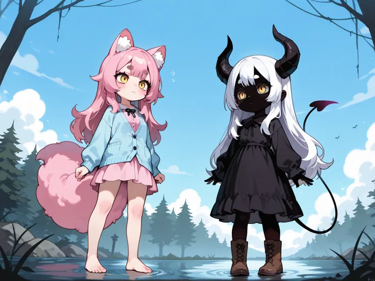 (masterpiece, best quality, amazing quality, very aesthetic, absurdres, newest, good anatomy), 2girls:1.5, (1girl\Pink fluffy long hair, ram horns, thick eyebrows: 1.1, black dress, barefoot) BREAK (devil girl\hzkawaii, kawaii, yellow eyes, demon horns, bl...