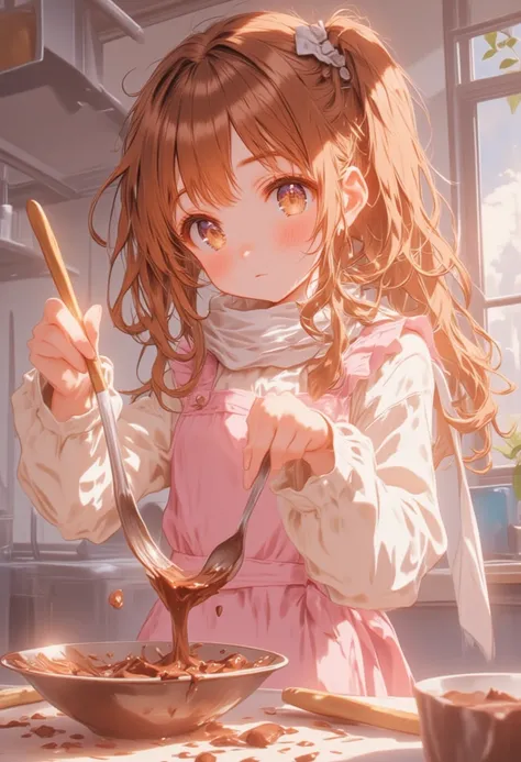 (A girl is making chocolate)(Stir the melted chocolate in the bowl)I'm in the kitchen bust up, cowboy shot  Beautiful anime style portrait, Detailed portrait of beautiful anime style girl, 
Beautiful anime style portrait, Beautiful anime woman, 
Digital an...