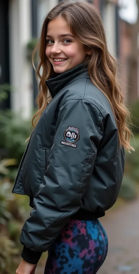 Backside diagonally photo from side of a sweaty hot wet cute beautiful darkblonde dutch spanish italia young posing age femboy wearing greyblue shiny puffy cropped short bomber jacket, very short shiny greyblack blue Big luxurious alpha-industries-ma-1 bra...