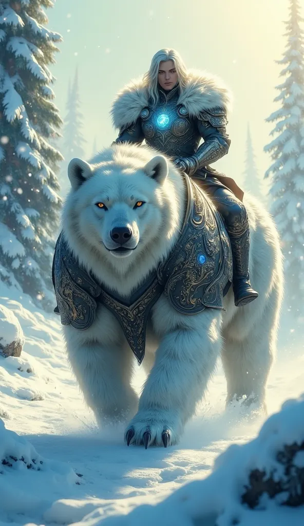 A majestic warrior , riding a massive armored white bear. The warrior has silver hair, a sharp gaze, and a battle-hardened expression. His ornate armor glows with blue magical runes, and the bear's armored plating is intricately decorated with ancient patt...