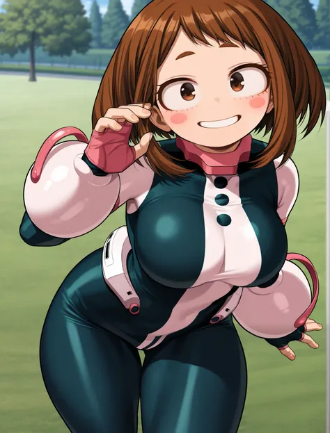 ((ochako uraraka)), ((masterpiece)), ((high resolution)), ((solo portrait)), {(attractive figure), (large breasts), (beautiful legs), (thick thighs), (round face), (blushy cheeks), (brown hair), (brown eyes), (long eyelashes), (small eyebrows), (cute grin)...