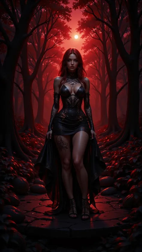  A charming scene ， shows a perfect looking 23-year-old girl ， in expressive and Gothic style likeness Fine art showing 。 She stands on a black table with forest 、Witch's Boiler 、 red mist and moonlight shining through the trees in front of a dark backgrou...