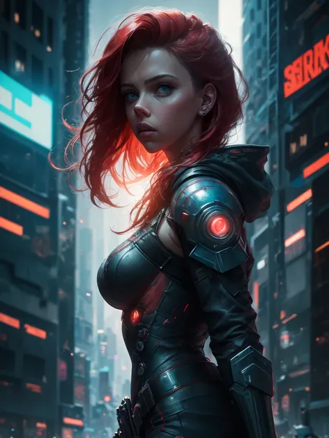 scarlett johansson, cyberpunk soldier, futuristic armor, red hair, detailed face, beautiful eyes, glowing red energy, dynamic pose, cinematic lighting, advanced technology, neon city background, ultra-detailed, 8k, photorealistic, masterpiece