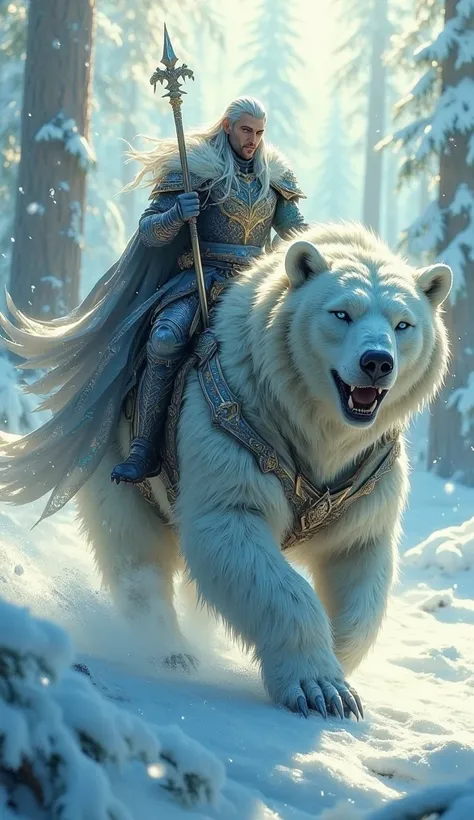 A majestic warrior , riding a massive armored white bear. The warrior has silver hair, a sharp gaze, and a battle-hardened expression. His ornate armor glows with blue magical runes, and the bear's armored plating is intricately decorated with ancient patt...